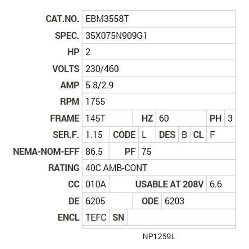 EBM3558T Baldor 2 HP, 1755 RPM, 3 PH, 60 HZ, 145T, 3528M, TEFC, F1 Motor Nameplate - view 2