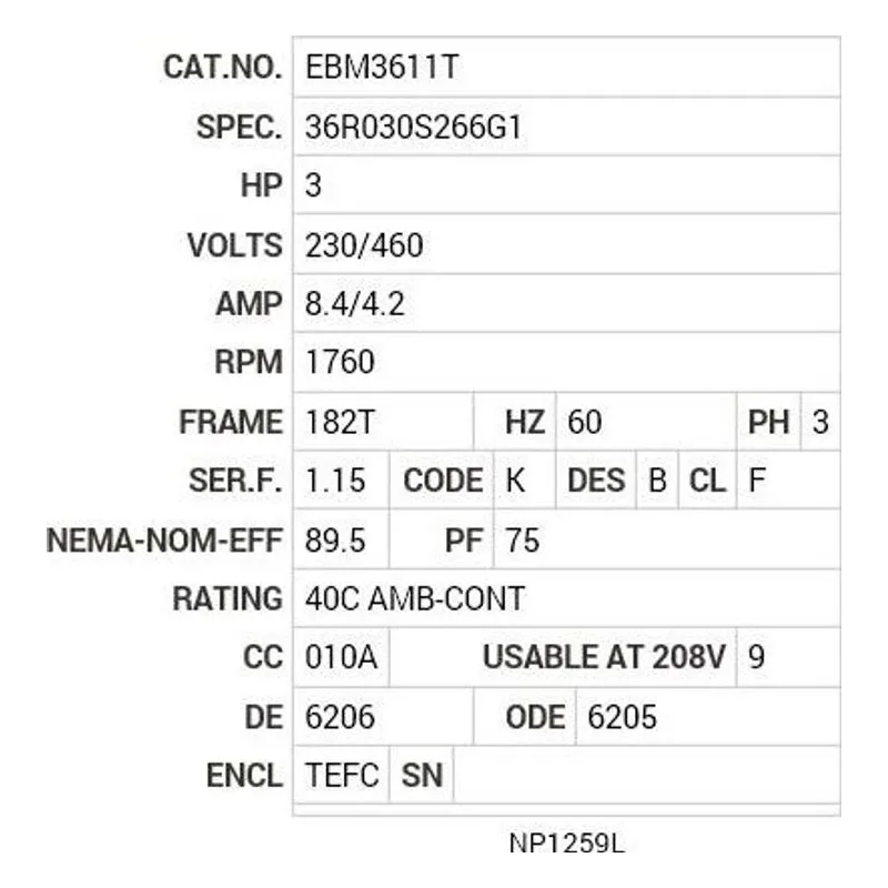 EBM3611T Baldor 3 HP, 1760 RPM, 3 PH, 60 HZ, 182T, 3631M, TEFC, F1 Motor Nameplate - view 2