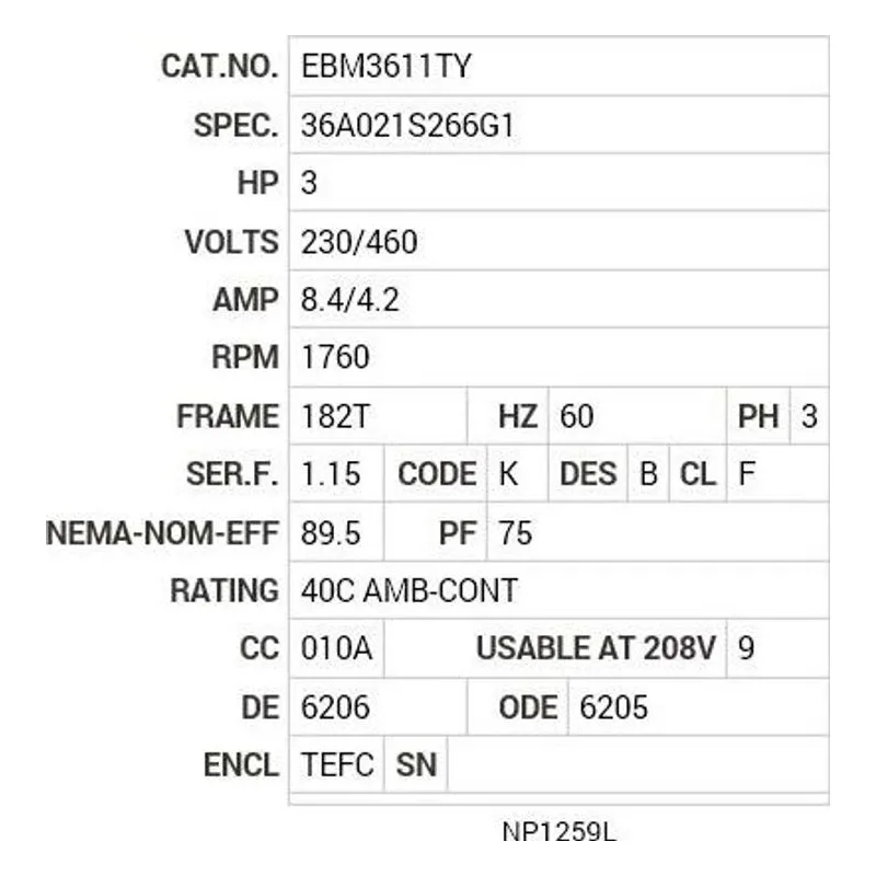 EBM3611TY Baldor 3 HP, 1760 RPM, 3 PH, 60 HZ, 182T, 3631M, TEFC, F1 Motor Nameplate - view 2