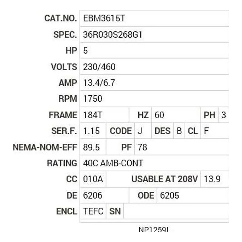 EBM3615T Baldor 5 HP, 1750 RPM, 3 PH, 60 HZ, 184T, 3642M, TEFC, F1 Motor Nameplate - view 2