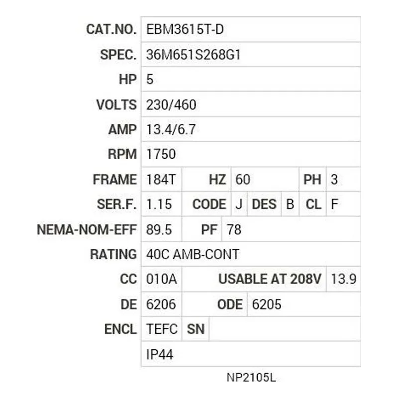 EBM3615T-D Baldor 5 HP, 1750 RPM, 3 PH, 60 HZ, 184T, 3642M, TEFC, F1 Motor Nameplate - view 2