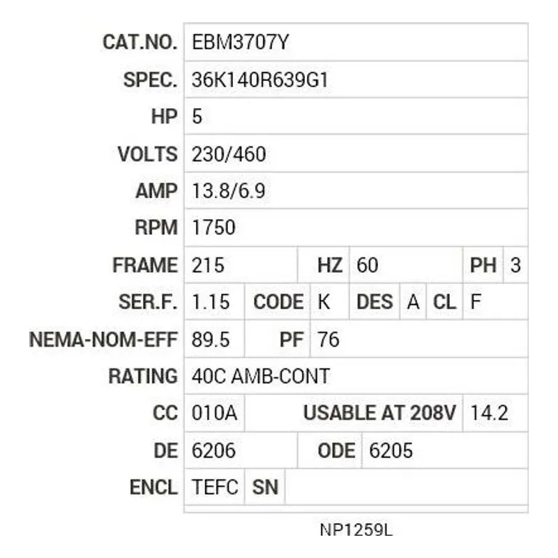 EBM3707Y Baldor 5 HP, 1750 RPM, 3 PH, 60 HZ, 215, 3644M, TEFC, F1, B Motor Nameplate - view 2