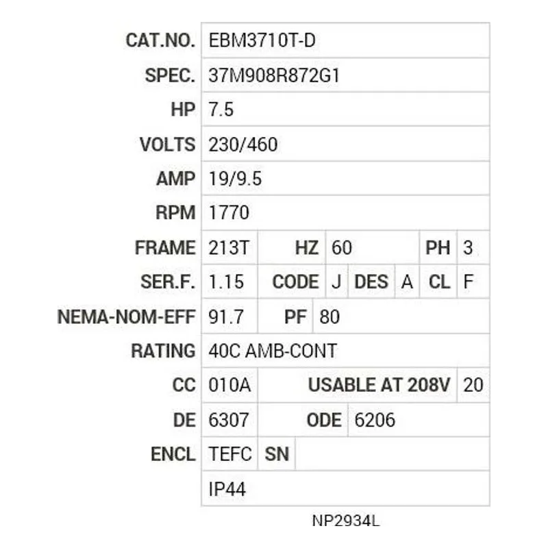 EBM3710T-D Baldor 7.5 HP, 1770 RPM, 3 PH, 60 HZ, 213T, 3738M, TEFC, F Motor Nameplate - view 2