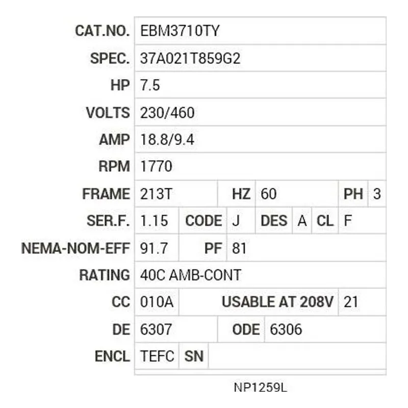 EBM3710TY Baldor 7.5 HP, 1770 RPM, 3 PH, 60 HZ, 213T, 3736M, TEFC, F Motor Nameplate - view 2