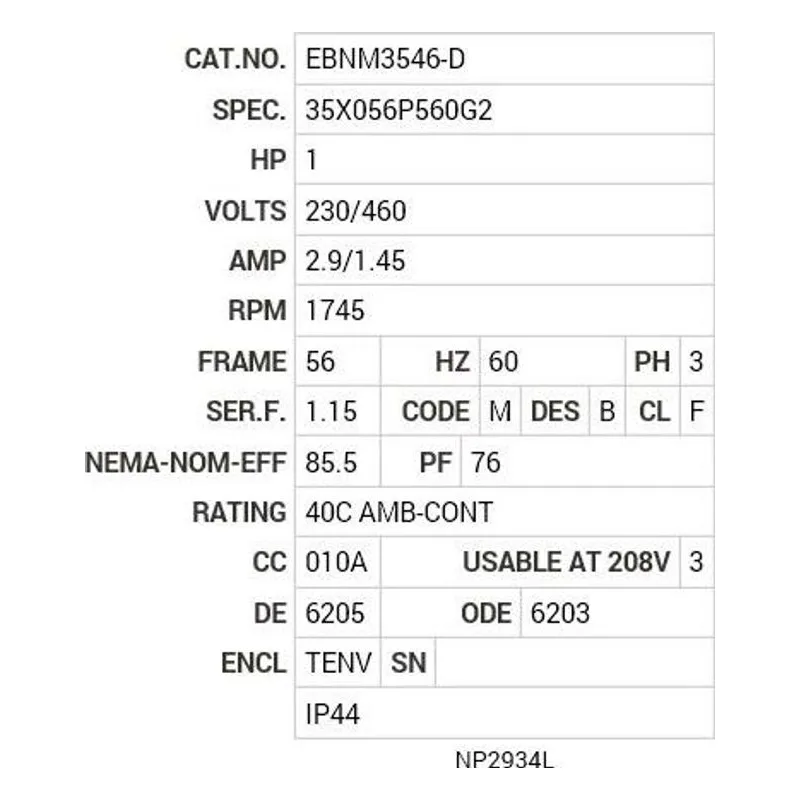 EBNM3546-D Baldor 1 HP, 1745 RPM, 3 PH, 60 HZ, 56, 3524M, TENV, F3, BR Motor Nameplate - view 2