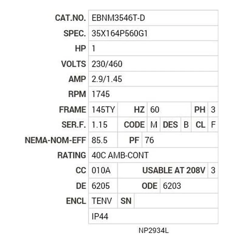 EBNM3546T-D Baldor 1 HP, 1745 RPM, 3 PH, 60 HZ, 145TY, 3524M, TENV, F3 Motor Nameplate - view 2