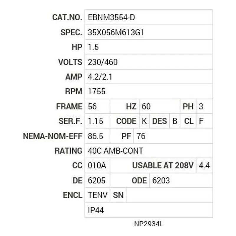 EBNM3554-D Baldor 1.5 HP, 1755 RPM, 3 PH, 60 HZ, 56, 3533M, TENV, F3 Motor Nameplate - view 2