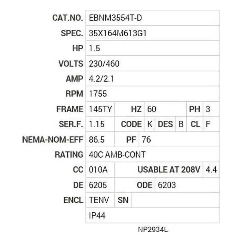 EBNM3554T-D Baldor 1.5 HP, 1755 RPM, 3 PH, 60 HZ, 145TY, 3533M, TENV Motor Nameplate - view 2