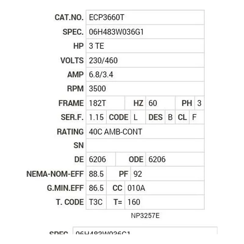 ECP3660T Baldor 3 HP, 3500 RPM, 3 PH, 60 HZ, 182T, 0628M, TEFC, F1 Motor Nameplate - view 2