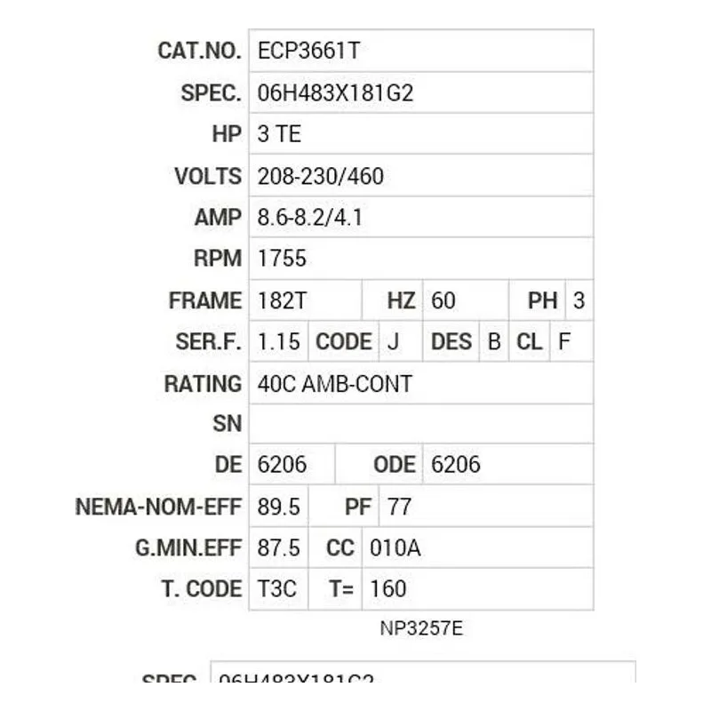 ECP3661T Baldor 3 HP, 1755 RPM, 3 PH, 60 HZ, 182T, 0632M, TEFC, F1 Motor Nameplate - view 2