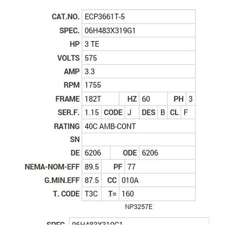ECP3661T-5 Baldor 3 HP, 1755 RPM, 3 PH, 60 HZ, 182T, 0632M, TEFC, F1 Motor Nameplate - view 2
