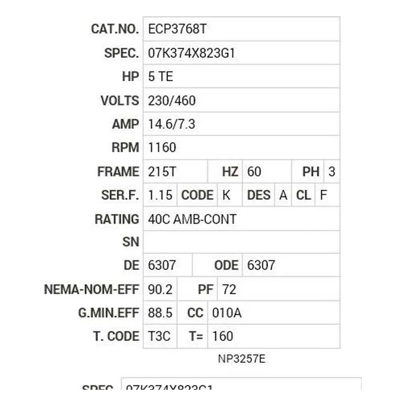 ECP3768T Baldor 5 HP, 1160 RPM, 3 PH, 60 HZ, 215T, 0748M, TEFC, F1 Motor Nameplate - view 2