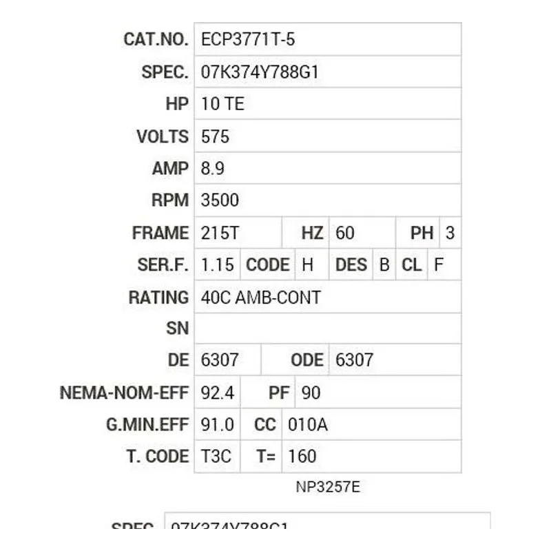 ECP3771T-5 Baldor 10 HP, 3500 RPM, 3 PH, 60 HZ, 215T, 0742M, TEFC, F1 Motor Nameplate - view 2