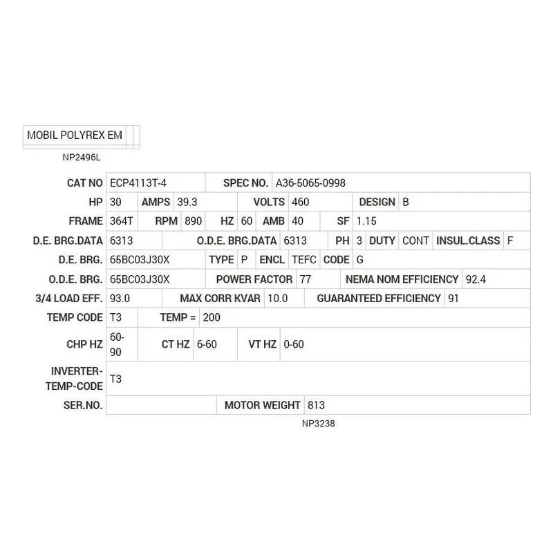 ECP4113T-4 Baldor 30 HP, 890 RPM, 3 PH, 60 HZ, 364T, A36050M, TEFC, F Motor Nameplate - view 2