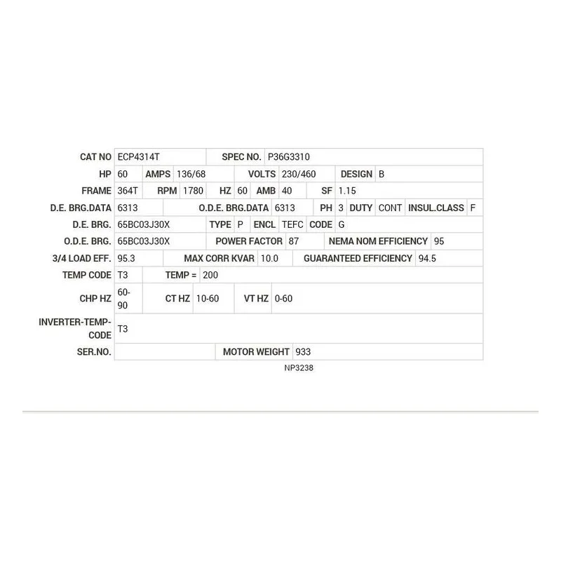 ECP4314T Baldor 60 HP, 1780 RPM, 3 PH, 60 HZ, 364T, TEFC, FOOT Motor Nameplate - view 2