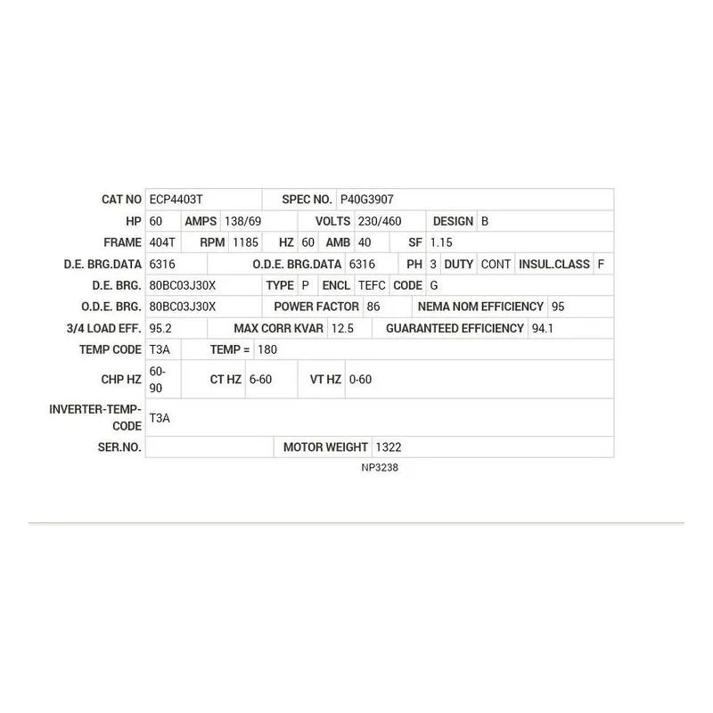 ECP4403T Baldor 60 HP, 1185 RPM, 3 PH, 60 HZ, 404T, A40064M, TEFC Motor Nameplate - view 2