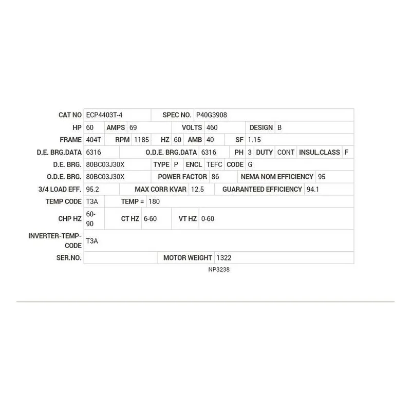 ECP4403T-4 Baldor 60 HP, 1185 RPM, 3 PH, 60 HZ, 404T, A40064M, TEFC Motor Nameplate - view 2