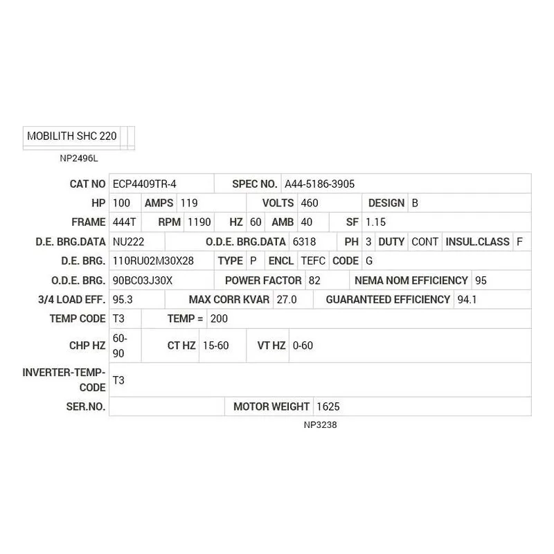 ECP4409TR-4 Baldor 100 HP, 1190 RPM, 3 PH, 60 HZ, 444T, TEFC, F1 Motor Nameplate - view 2