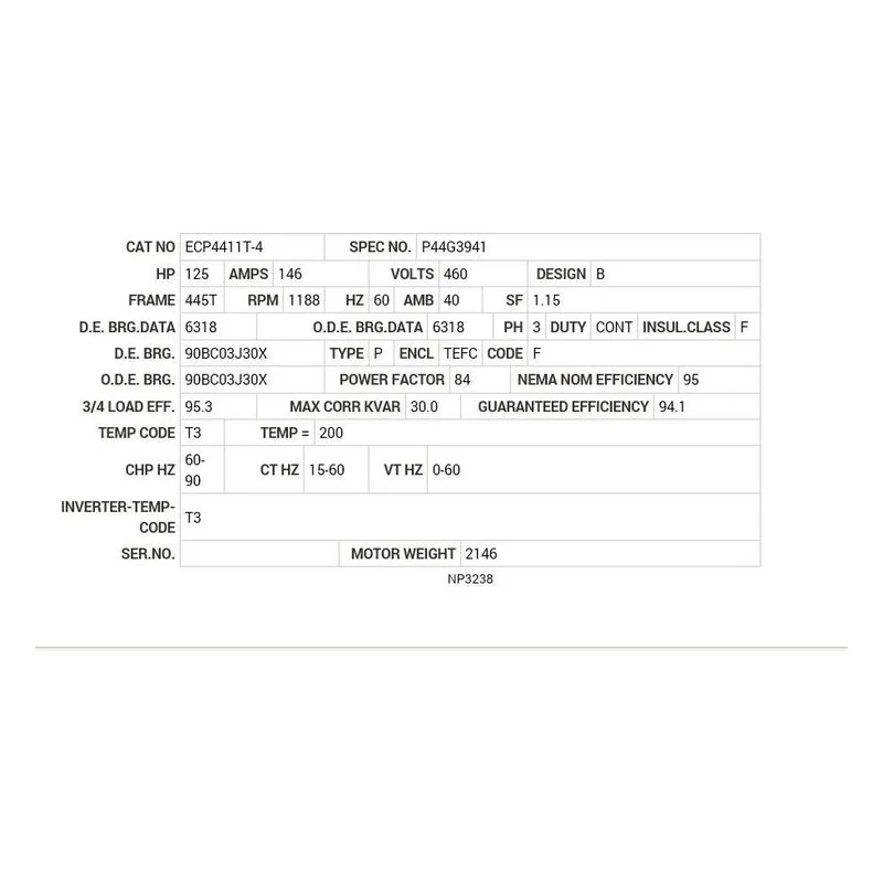 ECP4411T-4 Baldor 125 HP, 1188 RPM, 3 PH, 60 HZ, 445T, A44090M, TEFC Motor Nameplate - view 2