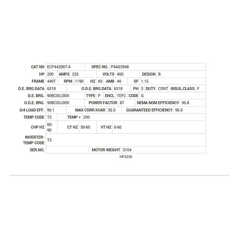 ECP44206T-4 Baldor 200 HP, 1190 RPM, 3 PH, 60 HZ, 449T, A44160M, TEFC Motor Nameplate - view 2