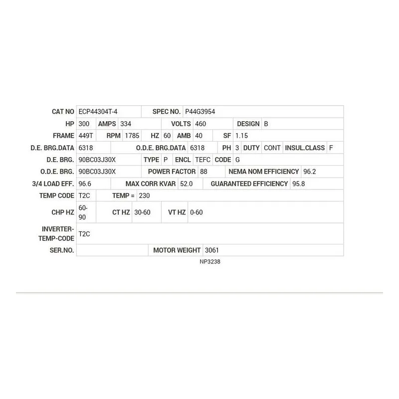 ECP44304T-4 Baldor 300 HP, 1785 RPM, 3 PH, 60 HZ, 449T, A44152M, TEFC Motor Nameplate - view 2