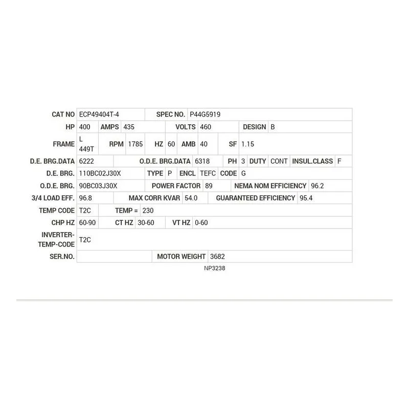 ECP49404T-4 Baldor 400 HP, 1785 RPM, 3 PH, 60 HZ, L449T, TEFC Motor Nameplate - view 2