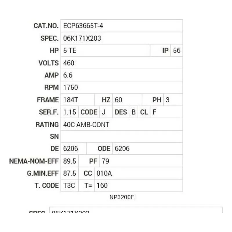 ECP63665T-4 Baldor 5 HP, 1750 RPM, 3 PH, 60 HZ, 184T, 0641M, TEFC, F1 Motor Nameplate - view 2