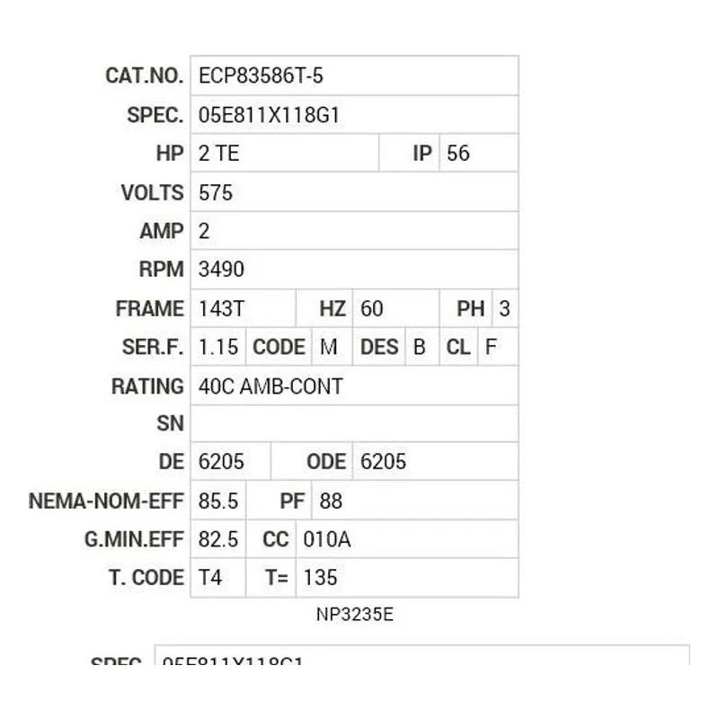 ECP83586T-5 Baldor 2 HP, 3490 RPM, 3 PH, 60 HZ, 143T, 0526M, TEFC, F1 Motor Nameplate - view 2