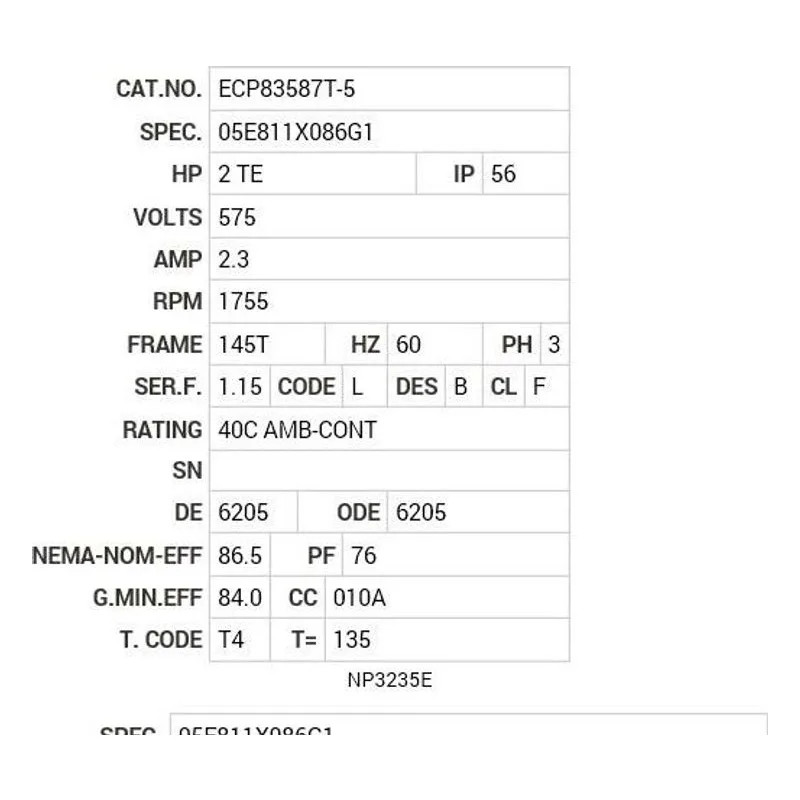 ECP83587T-5 Baldor 2 HP, 1755 RPM, 3 PH, 60 HZ, 145T, 0535M, TEFC, F1 Motor Nameplate - view 2