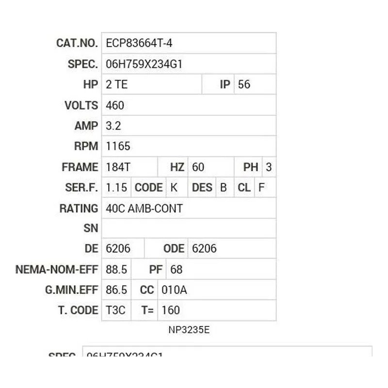 ECP83664T-4 Baldor 2 HP, 1165 RPM, 3 PH, 60 HZ, 184T, 0642M, TEFC, F1 Motor Nameplate - view 2