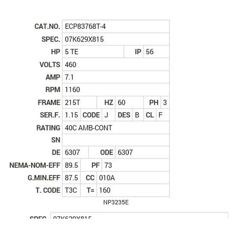 ECP83768T-4 Baldor 5 HP, 1160 RPM, 3 PH, 60 HZ, 215T, 0748M, TEFC, F1 Motor Nameplate - view 2