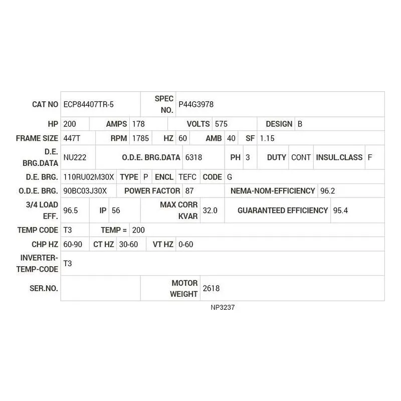 ECP84407TR-5 Baldor 200 HP, 1785 RPM, 3 PH, 60 HZ, 447T, A44120M, TEFC Motor Nameplate - view 2