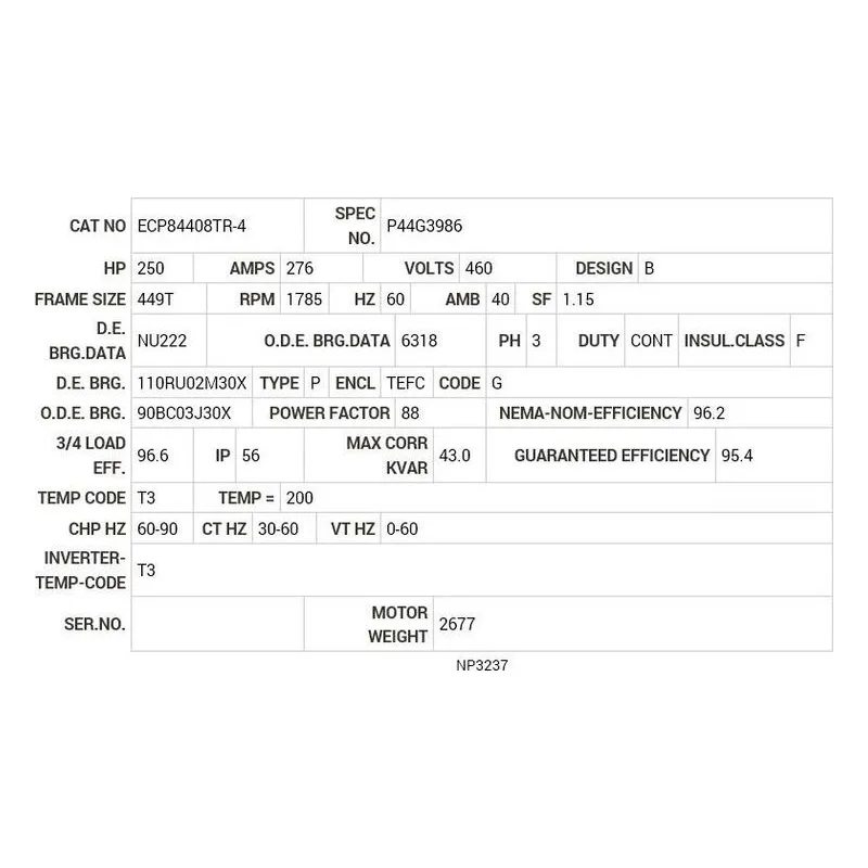 ECP84408TR-4 Baldor 250 HP, 1785 RPM, 3 PH, 60 HZ, 449T, A44140M, TEFC Motor Nameplate - view 2