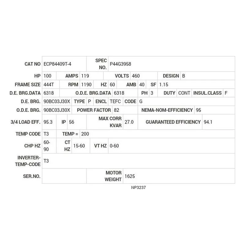 ECP84409T-4 Baldor 100 HP, 1190 RPM, 3 PH, 60 HZ, 444T, A44064M, TEFC Motor Nameplate - view 2