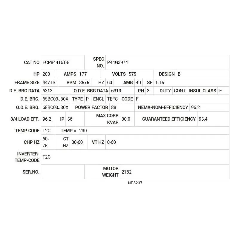 ECP84416T-5 Baldor 200 HP, 3575 RPM, 3 PH, 60 HZ, 447TS, A44078M, TEF Motor Nameplate - view 2