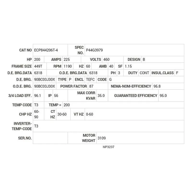 ECP844206T-4 Baldor 200 HP, 1190 RPM, 3 PH, 60 HZ, 449T, A44160M, TEFC Motor Nameplate - view 2