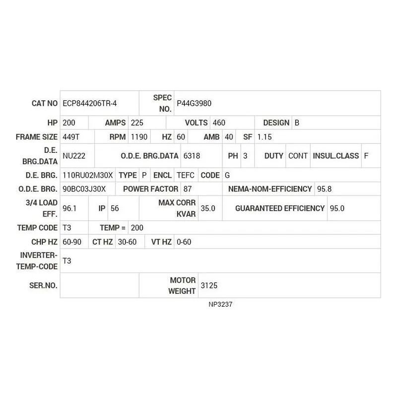 ECP844206TR-4 Baldor 200 HP, 1190 RPM, 3 PH, 60 HZ, 449T, A44160M, TEFC Motor Nameplate - view 2