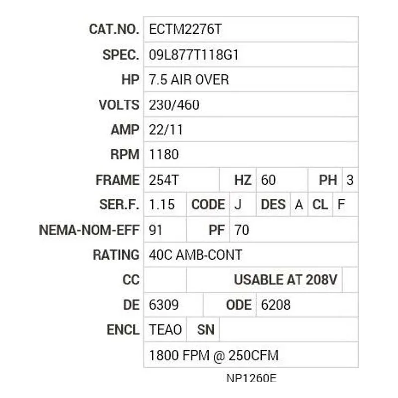 ECTM2276T Baldor 7.5 AIR OVER HP, 1180 RPM, 3 PH, 60 HZ, 254T, 095 Motor Nameplate - view 2