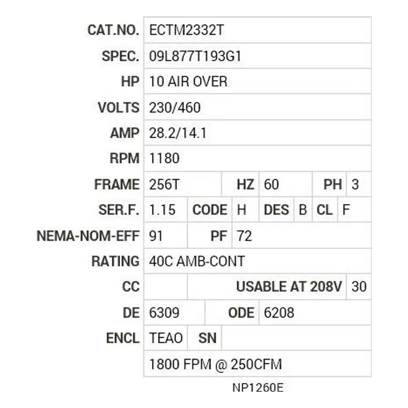 ECTM2332T Baldor 10 AIR OVER HP, 1180 RPM, 3 PH, 60 HZ, 256T, 0960 Motor Nameplate - view 2