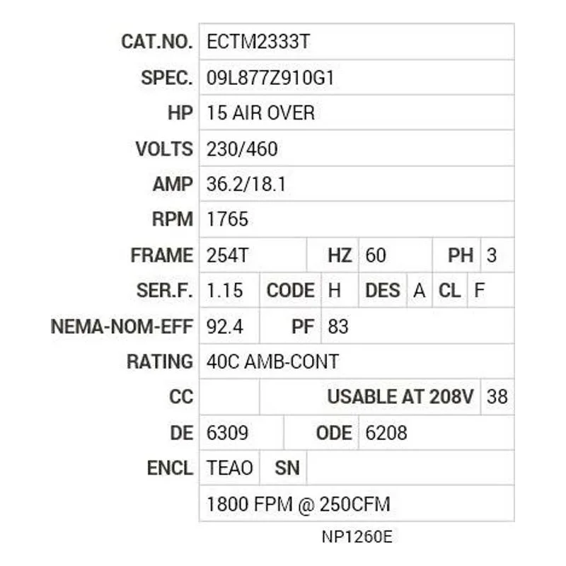 ECTM2333T Baldor 15 AIR OVER HP, 1765 RPM, 3 PH, 60 HZ, 254T, 0944 Motor Nameplate - view 2