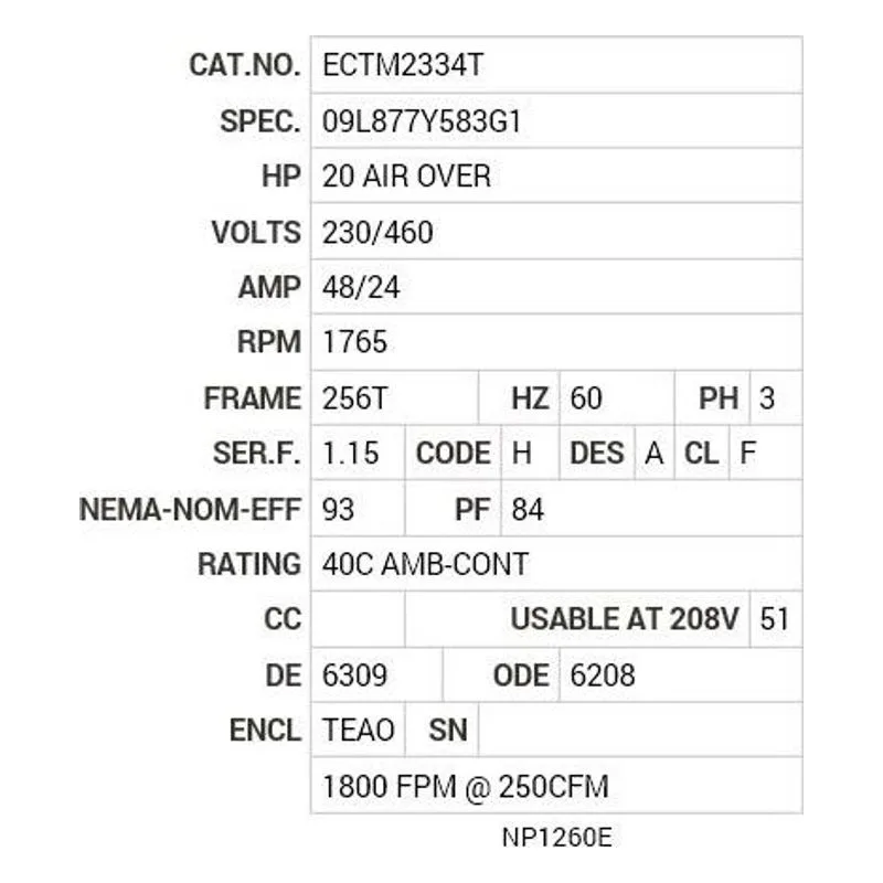ECTM2334T Baldor 20 AIR OVER HP, 1765 RPM, 3 PH, 60 HZ, 256T, 0952 Motor Nameplate - view 2