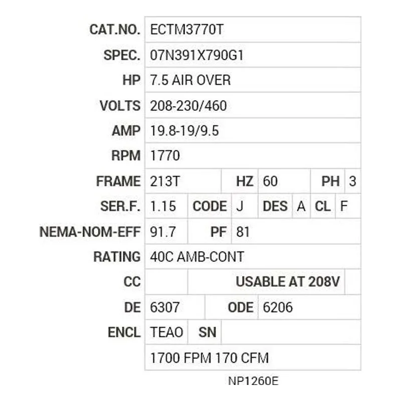 ECTM3770T Baldor 7.5 AIR OVER HP, 1770 RPM, 3 PH, 60 HZ, 213T, 073 Motor Nameplate - view 2