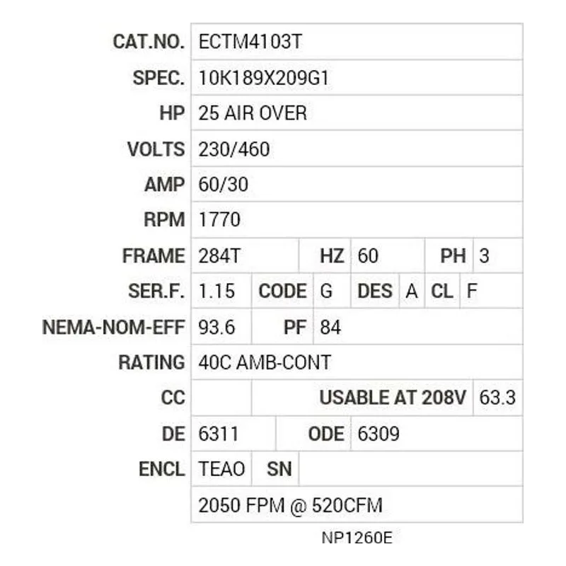 ECTM4103T Baldor 25 AIR OVER HP, 1770 RPM, 3 PH, 60 HZ, 284T, 1046 Motor Nameplate - view 2