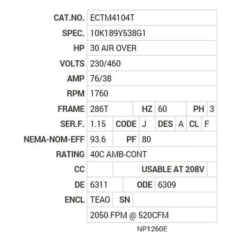 ECTM4104T Baldor 30 AIR OVER HP, 1760 RPM, 3 PH, 60 HZ, 286T, 1056 Motor Nameplate - view 2