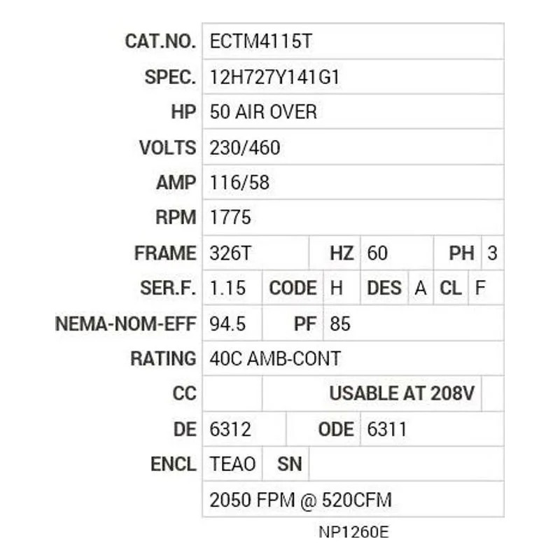 ECTM4115T Baldor 50 AIR OVER HP, 1775 RPM, 3 PH, 60 HZ, 326T, 1272 Motor Nameplate - view 2