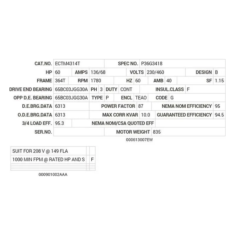 ECTM4314T Baldor 60 HP, 1780 RPM, 3 PH, 60 HZ, 364T, 1462M, TEAO, F1 Motor Nameplate - view 2