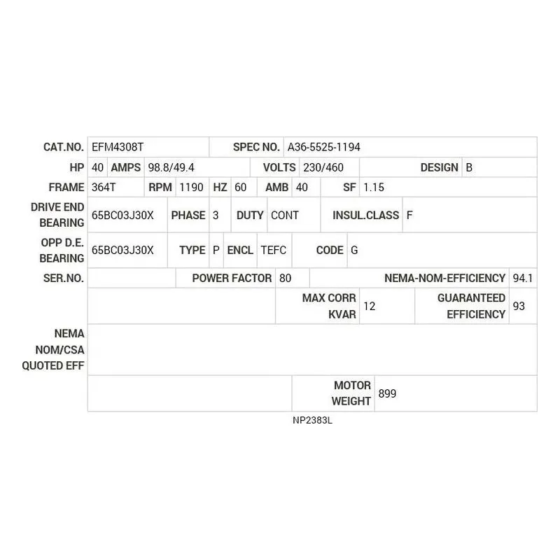 EFM4308T Baldor 40 HP, 1185 RPM, 3 PH, 60 HZ, 364T, 1468M, TEFC, F2 Motor Nameplate - view 2