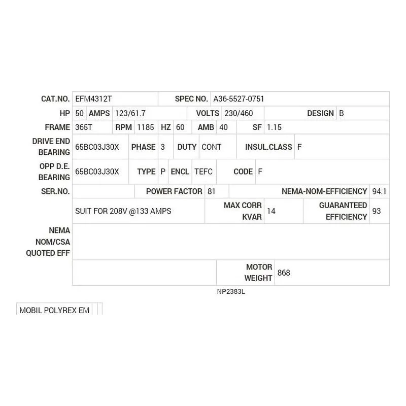 EFM4312T Baldor 50 HP, 1185 RPM, 3 PH, 60 HZ, 365T, 1474M, TEFC, F2 Motor Nameplate - view 2