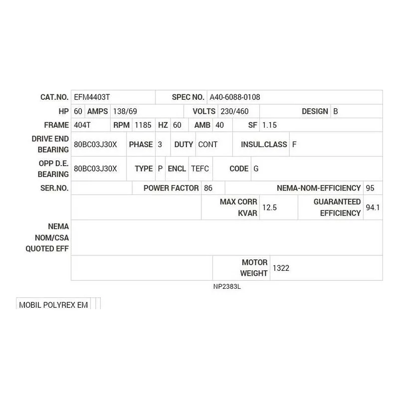 EFM4403T Baldor 60 HP, 1185 RPM, 3 PH, 60 HZ, 404T, TEFC, FOOT, F2 Motor Nameplate - view 2