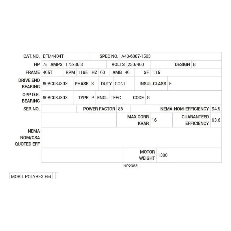 EFM4404T Baldor 75 HP, 1185 RPM, 3 PH, 60 HZ, 405T, TEFC, FOOT, F2 Motor Nameplate - view 2